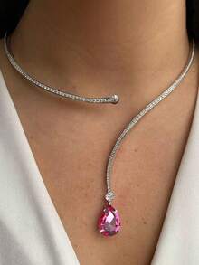 1pc Fully Paved Cubic Zirconia Red Teardrop Choker Necklace, Elegant Silver-Tone Copper Jewelry Suitable For Women's Daily Wear, Applicable For Anniversary, Wedding, Party, Gathering And Special Occasions, Bridal Jewelry Set, Jewelry Gift - 銀色 - 查看 1