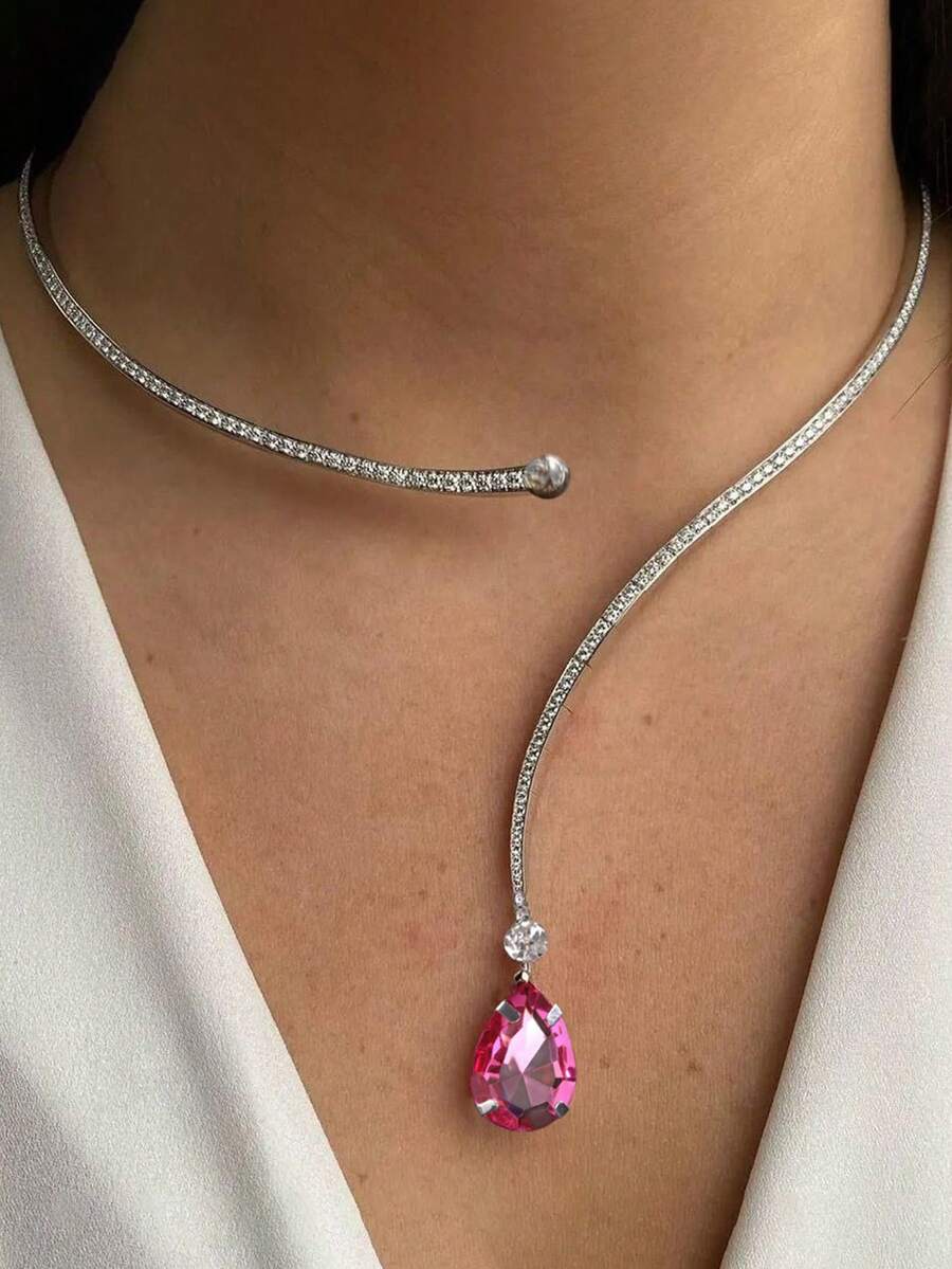 1pc Fully Paved Cubic Zirconia Red Teardrop Choker Necklace, Elegant Silver-Tone Copper Jewelry Suitable For Women's Daily Wear, Applicable For Anniversary, Wedding, Party, Gathering And Special Occasions, Bridal Jewelry Set, Jewelry Gift - 銀色 - 查看 1