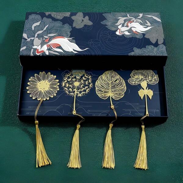 TOCHAIN 4pcs/1pc Metal Gold Plated Floral Bookmarks, Bookmark Set, Carnation, Sunflower, Leaf, Dandelion Design Bookmarks With Tassel, Suitable As Birthday, Graduation, Holiday, Valentine's Day, Wedding, Back To School Gifts For Book Lovers, Writers, Readers, Teachers, Bible Study Supplies