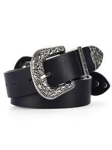 1pc Western Style Silver Double Buckle Belt Fall, Autumn, Halloween - Black - View 2