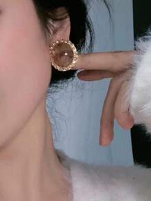 1 Pair Oval Metal & Resin Crystal Earrings, European Style Earrings For Women & Girls, Suitable For Travel, Wedding, Party, Birthday, Christmas Gift - Coffee - View 2