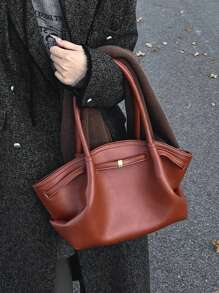 1pc Ladies Retro Solid Color PU Leather Shoulder Bag, Large Capacity Handbag With Double Handles And Snap Closure, Suitable For Travel, Shopping, Dating, Gifts For Women, Fit For Teenagers, College Students, Beginners And Office Ladies, Great For Office, School, Work, Business, Commuting, Outdoor, Travel, Picnic