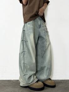 1 pieza Jeans de pierna ancha casual con estilo vintage patchwork, pantalón largo suelto y versátil con decoración de remaches (sin cinturón ni accesorios) - Azul - Ver 2
