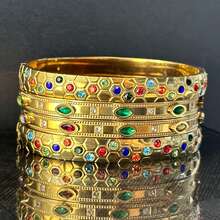 奢华复古18K彩色全钻几何金手链不锈钢开口款式适合女性日常聚会晚宴新娘婚礼宴会海滩度假佩戴 - 彩色 - 查看 2