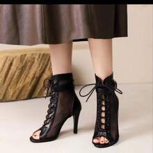 European And American Lace-Up Fish Mouth Mesh Sandals For Women, Size 25, Thin-Heeled Hollowed-Out Jazz Dance High Heels For - 黑色絨面 - 查看 5