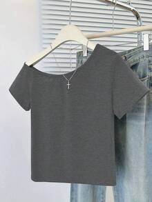 性感不对称领短袖修身露脐T恤 夏季 - 深灰 - 查看 6