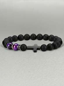 希望、信念和爱！时尚十字架装饰黑色串珠手链，送给儿子