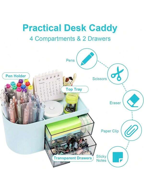 1pc Desktop Organizer With 2 Drawer, Multi-Functional Pencil Pen Holder For Desk, Simple And Creative Stationery & Office Supplies Storage Box For School, School Supplies, School Supplies, Back To School