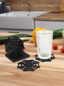 7-Piece Set Spooky Spider Web Coasters - Halloween Table Decor, Festive Wooden Placemats Set For Home & Kitchen