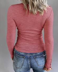Women's Long Sleeve Henley Shirts Button Down Tops Scoop Neck Ribbed Knit Shirts - 粉色 - 查看 3
