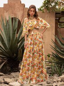 Faeriesty BohoBloom Bohemian Style Women's 2-Piece Set, Off-Shoulder Ruffle Blouse Paired With A-Line Skirt - Ideal For Casual Park Strolls, Weekend Country Getaways, Beach Walks, Picnics, And Leisure Outings With Friends - Orange - View 7