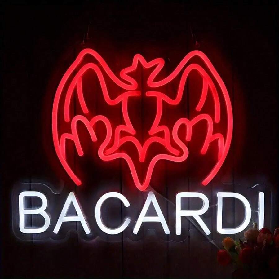 1pc Bacardi Rum Neon Commercial Logo For Bar Wall Decoration, USB Powered Decoration Bar Open Logo For Home Bar Store Party Decoration, Neon Lights For Man Cave - Red+White - View 1
