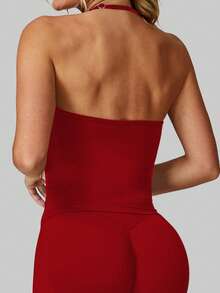 女士瑜伽上衣，健身瑜伽衫，运动服，露背褶皱内置胸罩罩杯夏季款 - 紅色 - 查看 3