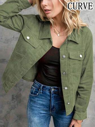 Plus 女式灯芯绒纽扣前盖口袋休闲夹克外套