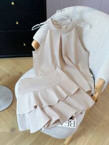 Sleeveless Halter Crop Tank Top And Ruffle Hem Mini Skirt Elegant 2 Pieces Set For Summer - Apricot Two Piece Set - View 3