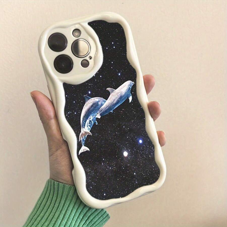 Funda para teléfono 1 funda para teléfono S > X/ 11/ 12/ 13/ 14/ 15/ 16 Pro | Funda para teléfono Wave | Chicas y hombres lindos | Diseñado con delfines cósmicos nadando en una noche estrelladaTeléfono ultradelgado y liviano - Blanco - Ver 1