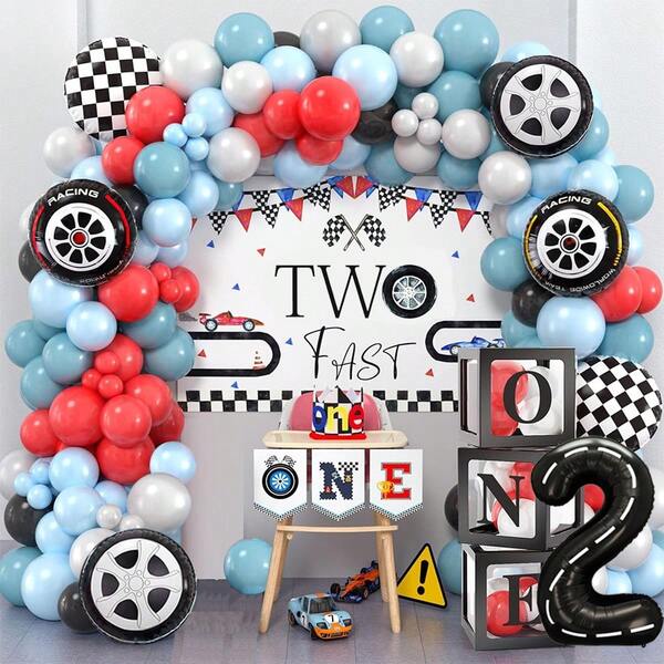 Two Fast Birthday Decorations Race Car Party Supplies For Racing Balloon Garland Arch Kit Blue Red White Latex Balloons And Wheel Checkered Foil Balloons 1 2 3 4 5 6 7 8 9 Years Old Birthday Decor