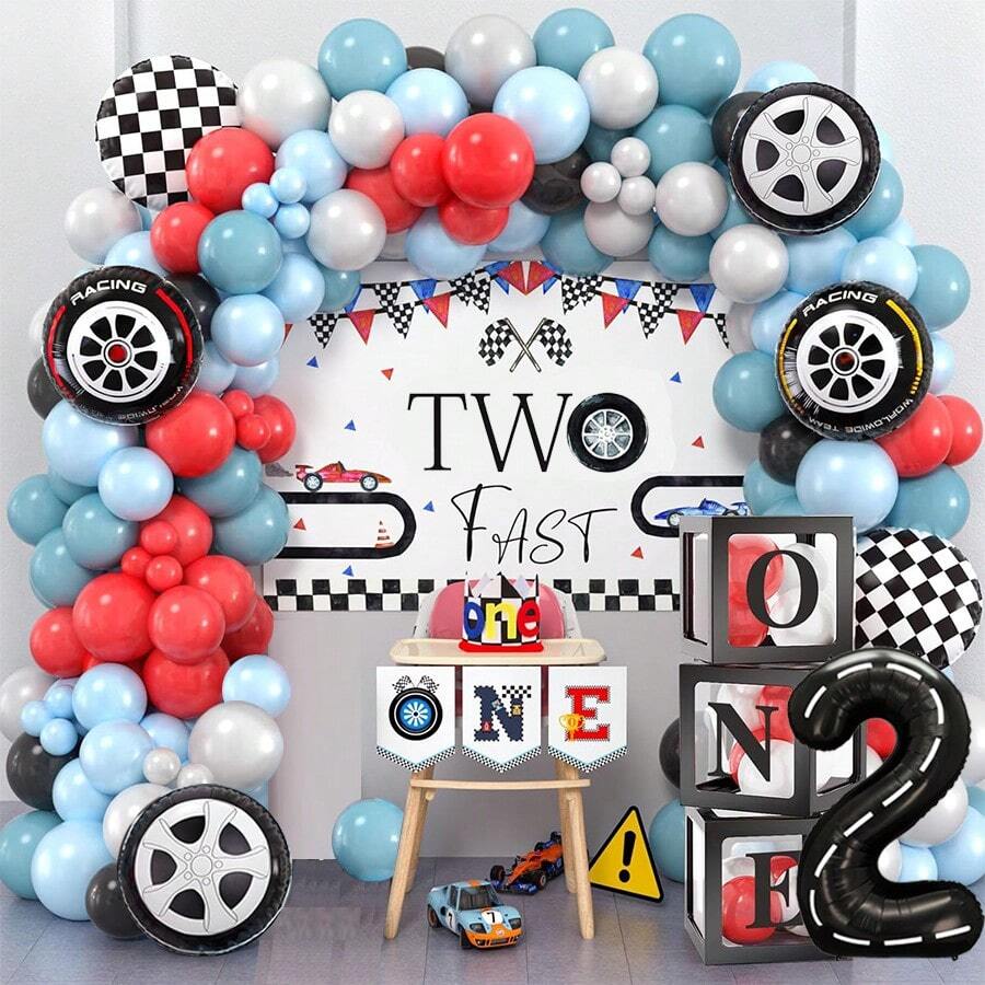 Two Fast Birthday Decorations Race Car Party Supplies For Racing Balloon Garland Arch Kit Blue Red White Latex Balloons And Wheel Checkered Foil Balloons 1 2 3 4 5 6 7 8 9 Years Old Birthday Decor - Color Mixing - View 1