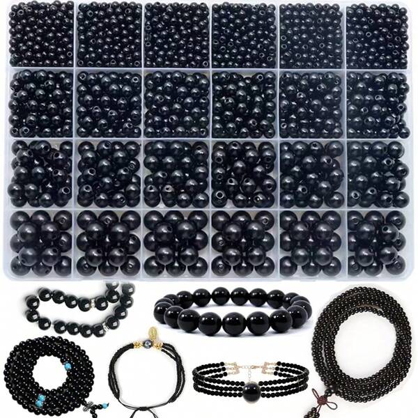 1 Box 24Grids Black Handmade Beads Set: 1890pcs, 4/6/8/10mm, Hole Beads, DIY Jewelry Making Kit For Bracelets, Necklaces (With Elastic String)