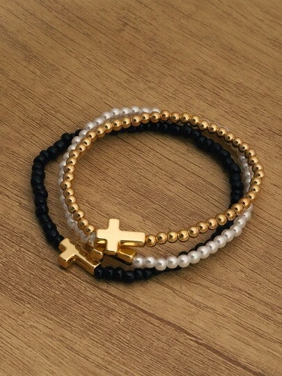 Juego de 3 piezas de pulseras elásticas con colgante de cruz de acrílico y minimalista en estilo vintage - Perfecto para uso diario o como regalo