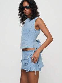 Women Summer Denim Skorts Casual Drawstring Mini Jeans Skirt For Beach Vacation Club Streetwear Aesthetic Clothes