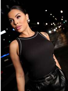 Women's Basic Tank Top Wide Strap Square Neck Elegant Blouse Ribbed Fabric  Black/Beige/Chocolate - màu đen - Xem 3