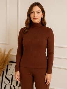 Cacharrel Women's Blouse, High Neck, Long Sleeve, Premium Ribbed, Simple, Knitted, Office - Rỉ Nâu - Xem 1