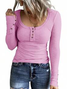 Women's Long Sleeve Henley T Shirts Button Down Slim Fit Tops Scoop Neck Ribbed Knit Shirts/Vacation Outfits Women/Valentine Outfits For Women - 淺粉色 - 查看 1