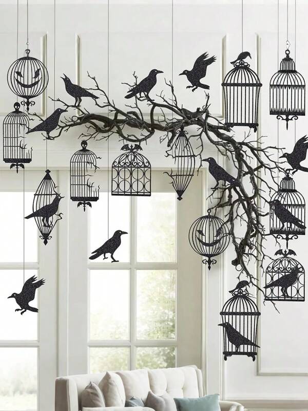 12pcs Black Birdcage Decorative Hanging Accessories, Suitable For Halloween Indoor Hanging Decor, Gothic-Style Birthday Party Decor, Haunted House Wreath, Horror Birthday Supplies