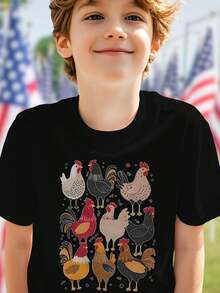 Cartoon Chickens And Roosters Set Illustration Kids T Shirt Cute Animal Graphic Tee Fun Gift Toddler Boys Girls Summer Casual Soft Lightweight Breathable Everyday Wear Playful Apparel