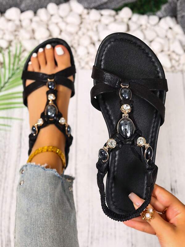 Sandalias planas para mujer con hebilla de metal con gemas, estilo romano tejido a mano, nueva colección de verano 2025, sandalias de playa para talla grande antideslizantes y de fácil puesta, de moda y minimalistas