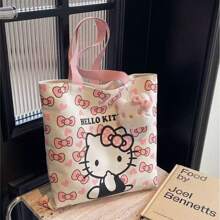 Sanrio Hello Kitty Cartoon Cute Canvas Bag, Portable Large Capacity Student Carrying Shoulder Bag, Cute Commuting Tote Bag, Suitable For Work, Travel, School, Daily Use