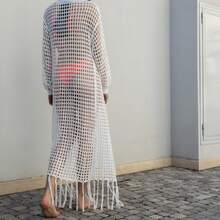 ‌Women's Crochet Kimono-Style Beach Cover-Up - White - View 3