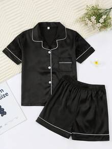 Girls Pajamas, Satin Silky Pjs Set Kids 2Pcs Button-Down Nightwear Sleepwear Gift For Kids - 黑色 - 查看 1