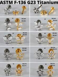 1 件 G23 钛金 CZ 花朵/蝴蝶唇钉内螺纹 CZ 雪花耳轮耳屏软骨耳轮耳环身体穿孔首饰 - 如圖 - 查看 11