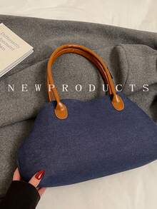 1 pieza Bolso de mano de mezclilla con efecto lavado, bolso de hombro con decoración de correa, cierre magnético - Azul lavado oscuro - Ver 8