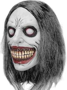 Maschera spaventosa di Ognissanti, maschera da demone sorridente, maschera da esorcista realistica e inquietante con capelli, costume da malvagio, accessorio per feste e cosplay per adulti, costumi e accessori per Ognissanti.