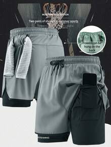 1 件男士休闲运动户外跑步短裤，内衬短裤，二合一训练健身短裤，薄丝面料运动服，适合球类运动，夏季 - 淺灰色 - 查看 3