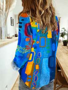 Plus Size Women's Geometric Art Style Printed Fashion Shirt - Blue - View 3