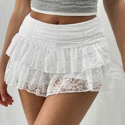 Women's Summer Cute Lace Floral Short Skirt Y2K High Waisted Tiered Ruffled Hem Flowy A Line Mini Skirt Casual Swing Beach Skirt Aesthetic Streetwear