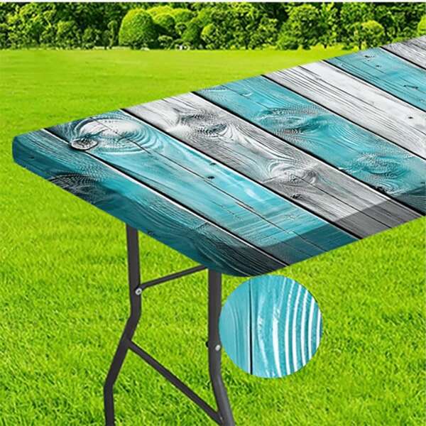 1 Stück ozeanblau Holzmaserung Tischdecke - elastisches Design, dehnbar für Esszimmer Dekoration, natürliche Textur Akzent, leuchtende Farbe, geeignet für Camping, Picknick und Gartenfest, Innen- und Außenbereich, Polyestermaterial, rechteckig, Picknick-Tischdecke | Elastische Tischdecke | Polyesterstoff