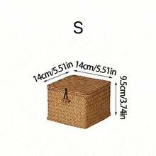 1 件手工编织海草储物篮（带盖），方形手工编织海草收纳盒，家居装饰，家用实用储物容器，适用于办公用品 - 天然海草材质，独特的礼物之选