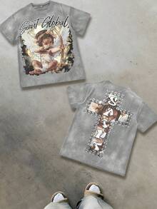 T - Shirt Combining Faith And Fashion: Cherub Print T - Shirt Printed T - Shirt, 230g Washed Care Label T - Shirt, Unisex Acid - Washed Cotton Printed T - Shirt, Vintage Washed T - Shirt, Crew - Neck T - Shirt, Machine - Washable, Casual Summer Outfit, Men's Loose - Fit T - Shirt - Xám - Xem 1