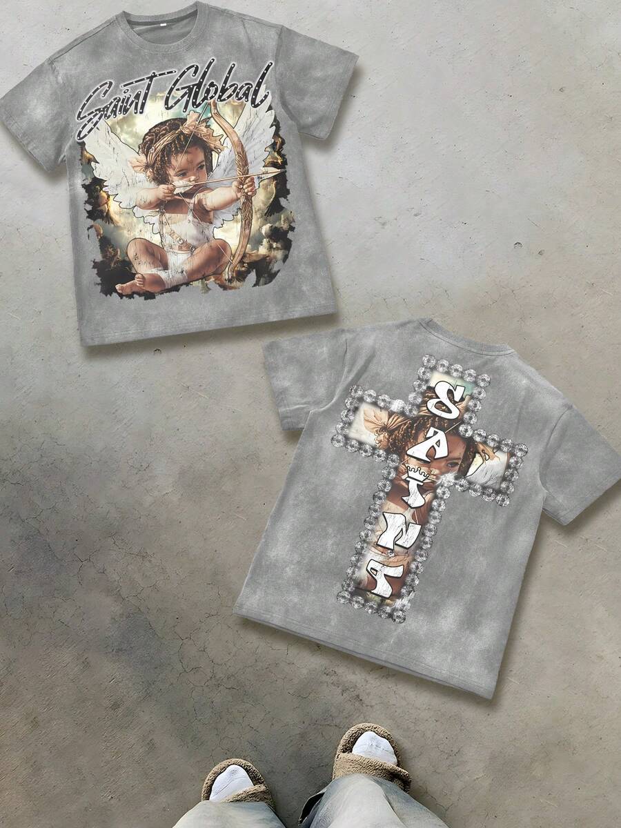 T - Shirt Combining Faith And Fashion: Cherub Print T - Shirt Printed T - Shirt, 230g Washed Care Label T - Shirt, Unisex Acid - Washed Cotton Printed T - Shirt, Vintage Washed T - Shirt, Crew - Neck T - Shirt, Machine - Washable, Casual Summer Outfit, Men's Loose - Fit T - Shirt - Xám - Xem 1