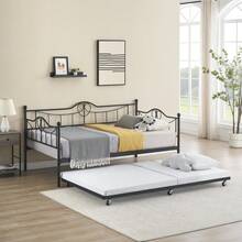 Metal Daybed With Trundle Bed, Twin Size Day Bed With Headboard And Heavy Duty Steel Slats Support, Mattress Foundation Platform Sofa Bed, For Living Room, Bedroom, Easy Assembly