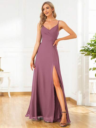 EVERPRETTY Elegant Sexy Solid Color Spaghetti Strap Slit Pale Pink Bridesmaid Dress/Wedding Guest Dress