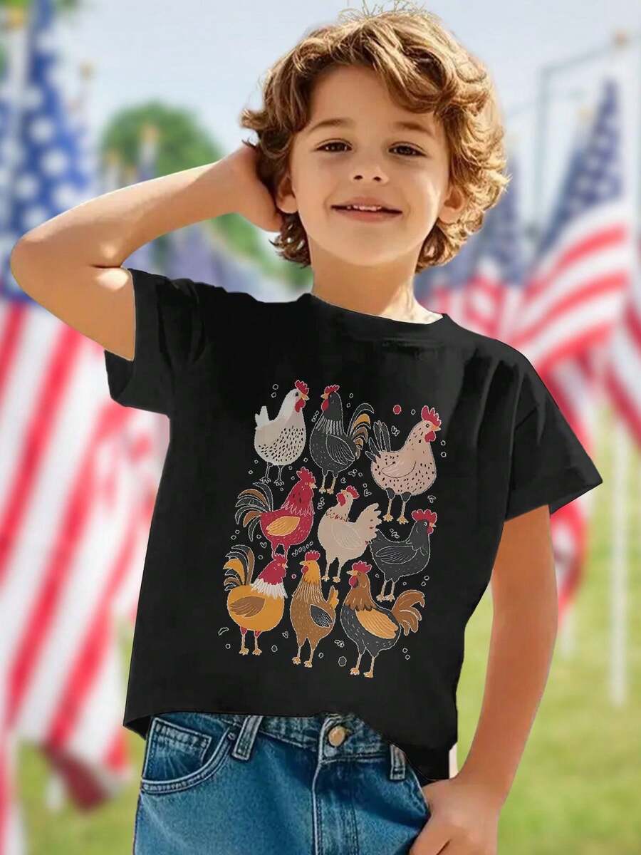 Cartoon Chickens And Roosters Set Illustration Kids T Shirt Cute Animal Graphic Tee Fun Gift Toddler Boys Girls Summer Casual Soft Lightweight Breathable Everyday Wear Playful Apparel