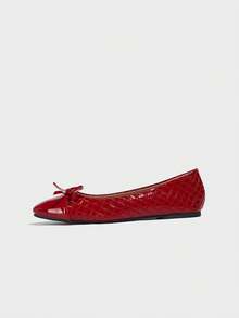 Women's Casual Patent Leather Red Ballet Flats With Bow, Soft Sole Versatile Round Toe Comfortable Plus Size, New Spring/Autumn 2025 - Red - View 4