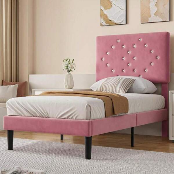 Twin Bed Frame, Upholstered Platform Bed With Button Tufted Headboard & Under-Bed Storage Space, Sturdy Wooden Slats Support, No Box Spring Needed, Noise Free & Easy Assembly   Twin Bed Frames, Velvet Upholstered Bed Frame With Vertical Channel Tufted & Sturdy Wood Slats, Strong Wooden Slats/Platform Bed Frame Easy Assembly, Noise-Free