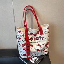 Sanrio Hello Kitty Cartoon Cute Canvas Bag, Portable Large Capacity Student Carrying Shoulder Bag, Cute Commuting Tote Bag, Suitable For Work, Travel, School, Daily Use
